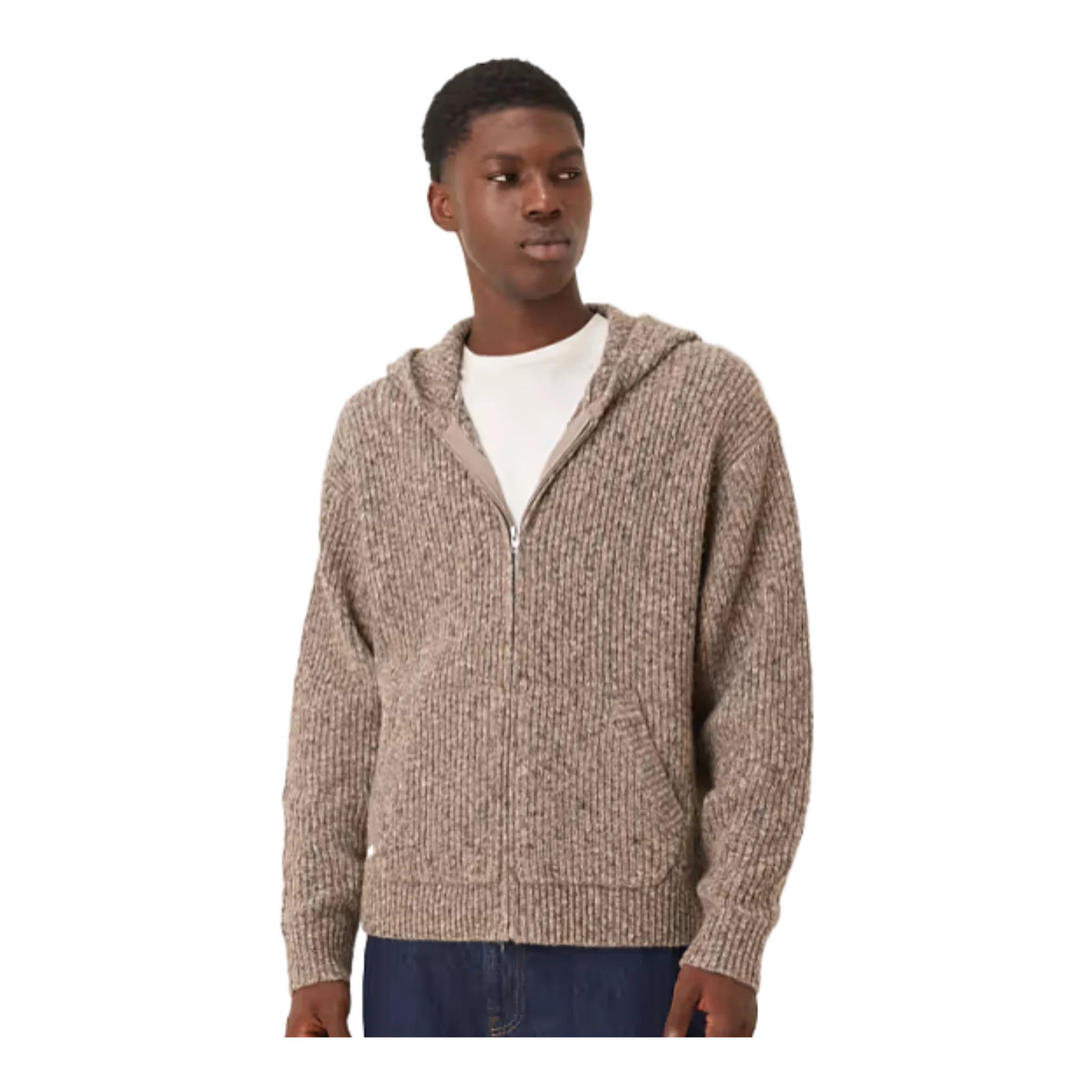 ribbed knitted zip through jumper with hood in brown