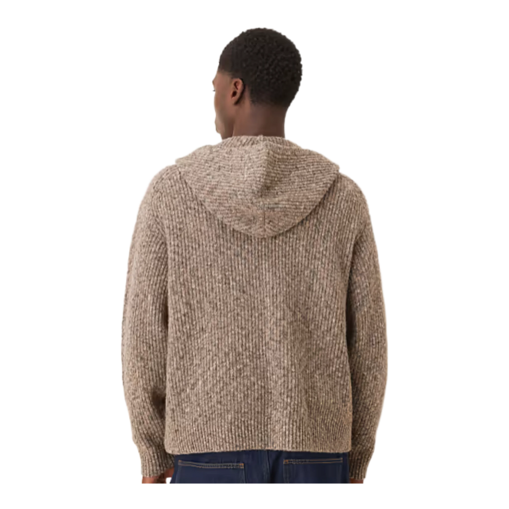 ribbed knitted zip through jumper with hood in brown