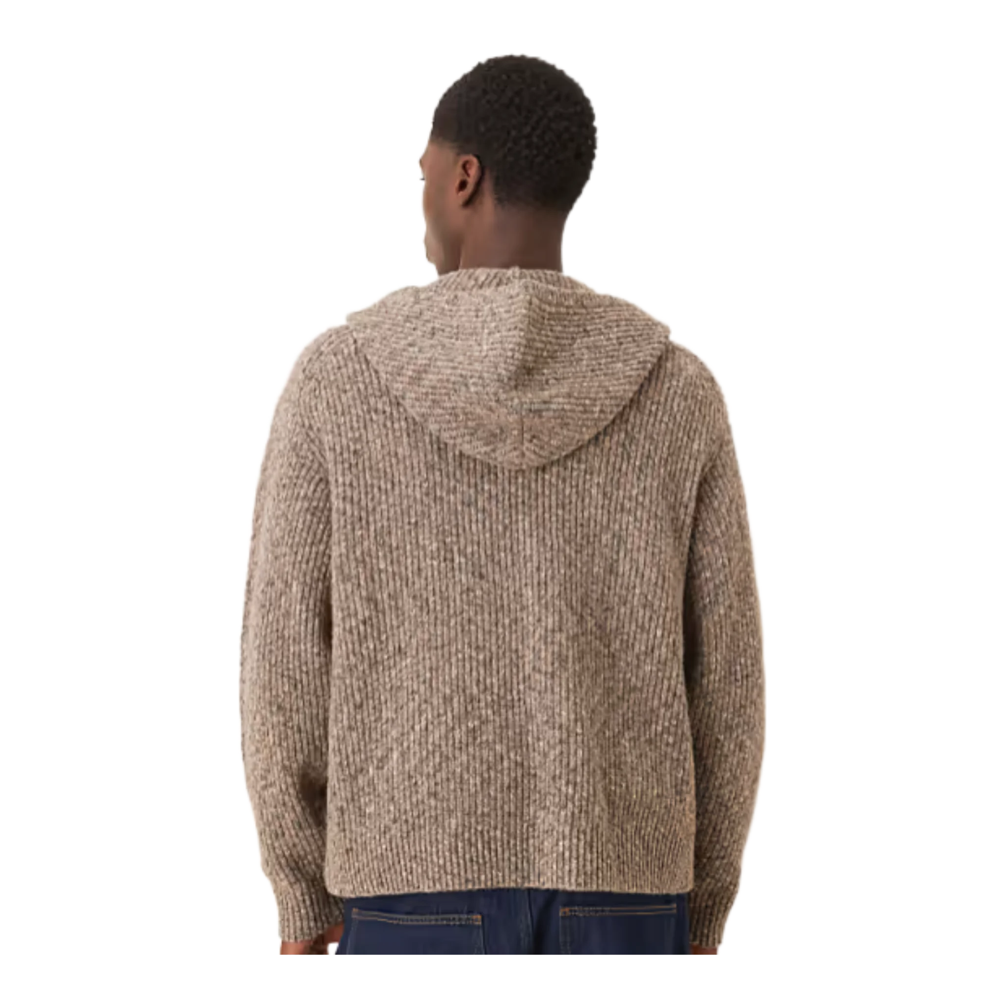 ribbed knitted zip through jumper with hood in brown