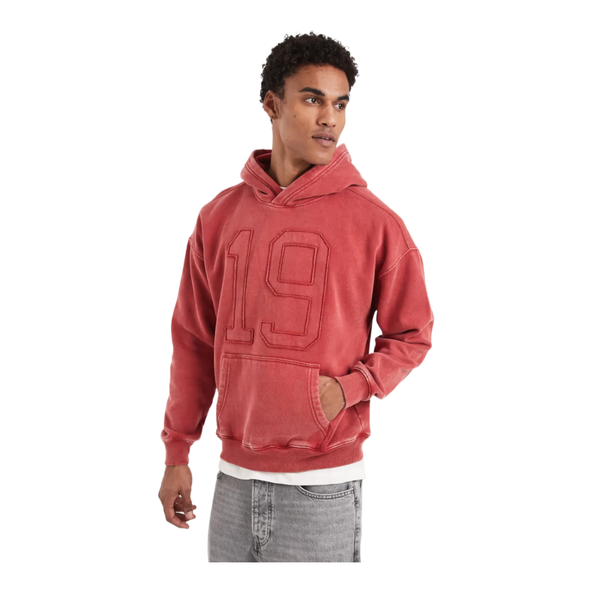 boxy front pocket collegiate hoodie in red
