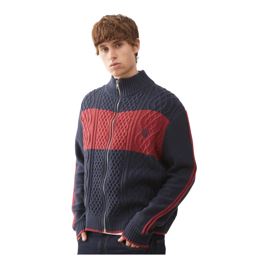 Zip through knitted sports top in blue and red