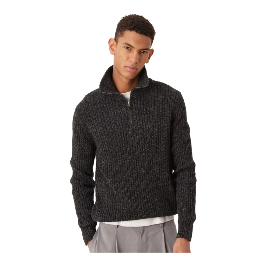 wool mix salt and pepper quarter zip polo top in dark grey