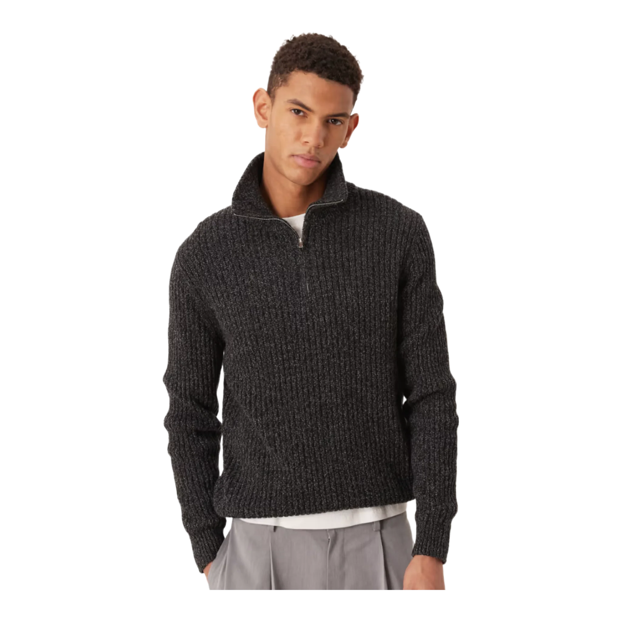 wool mix salt and pepper quarter zip polo top in dark grey