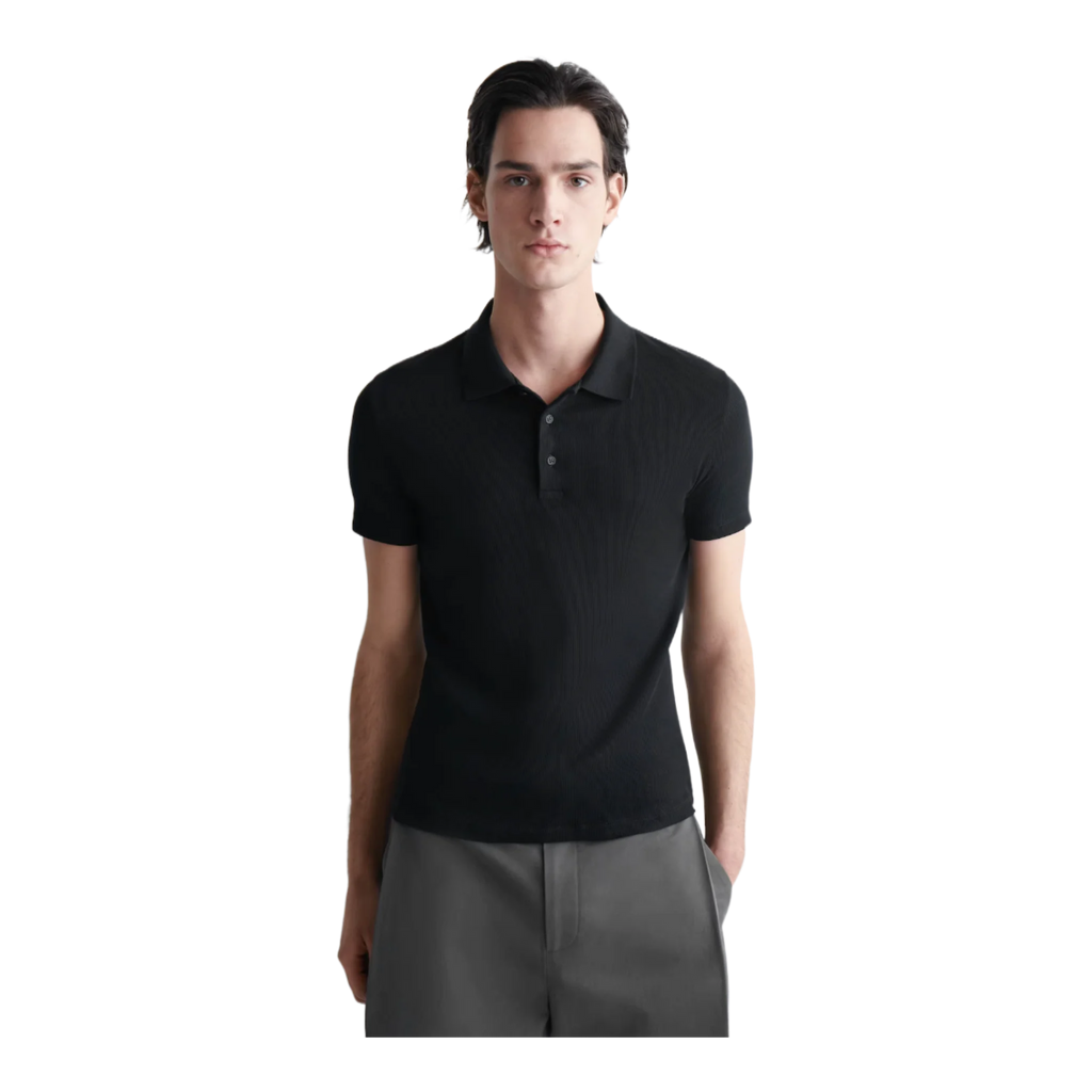 SLIM RIBBED COTTON POLO SHIRT BLACK