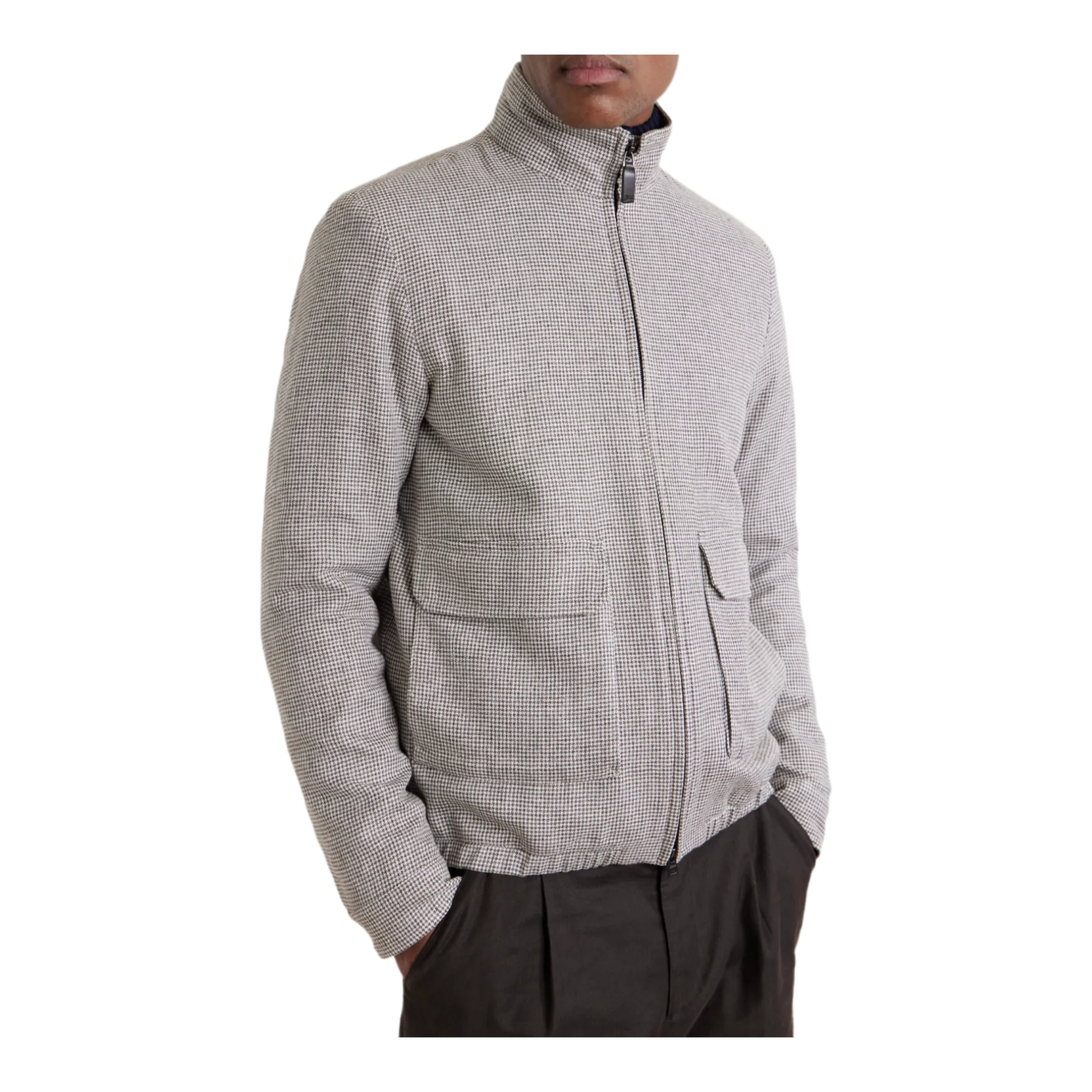 Houndstooth Linen-Blend Bomber Jacket