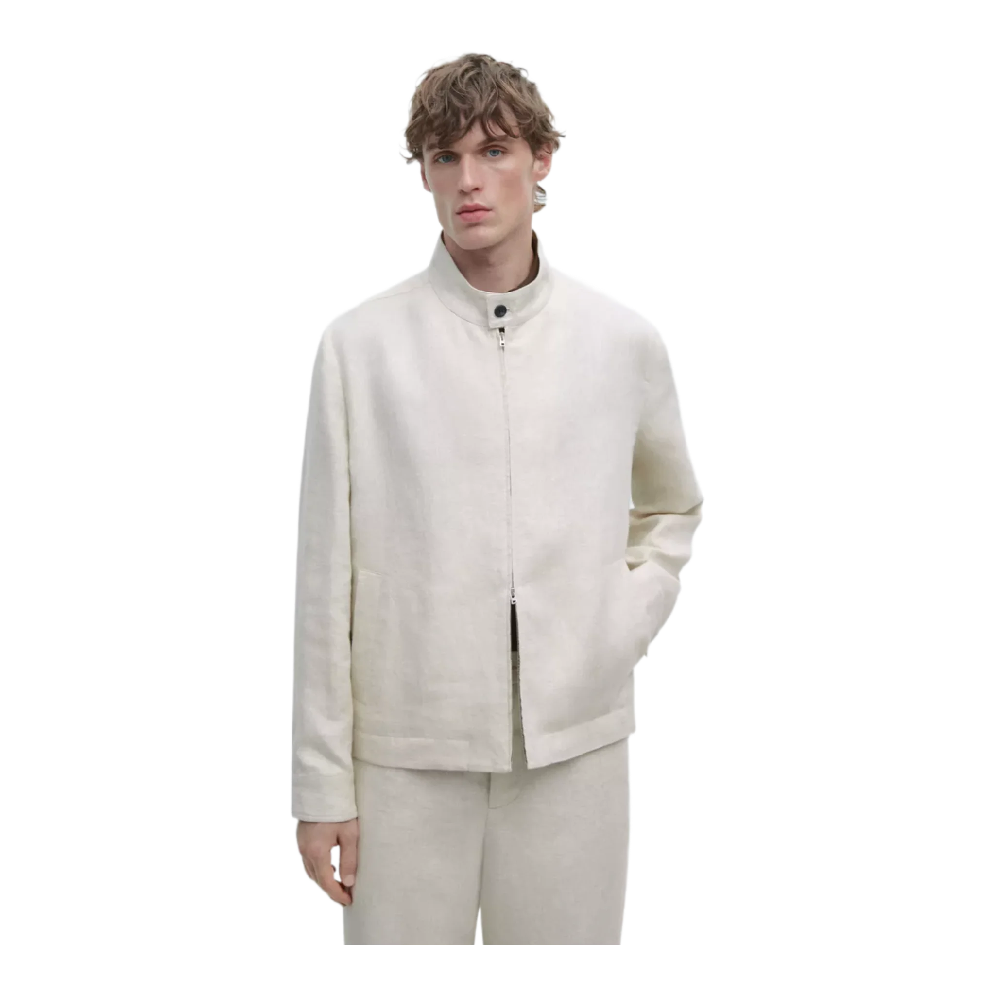 Short linen jacket with herringbone detail