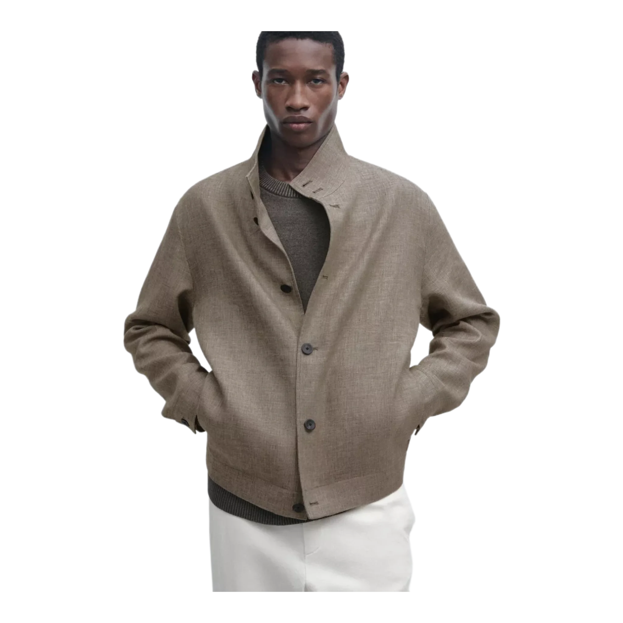 Linen Blend Bomber Jacket with Collar Detail
