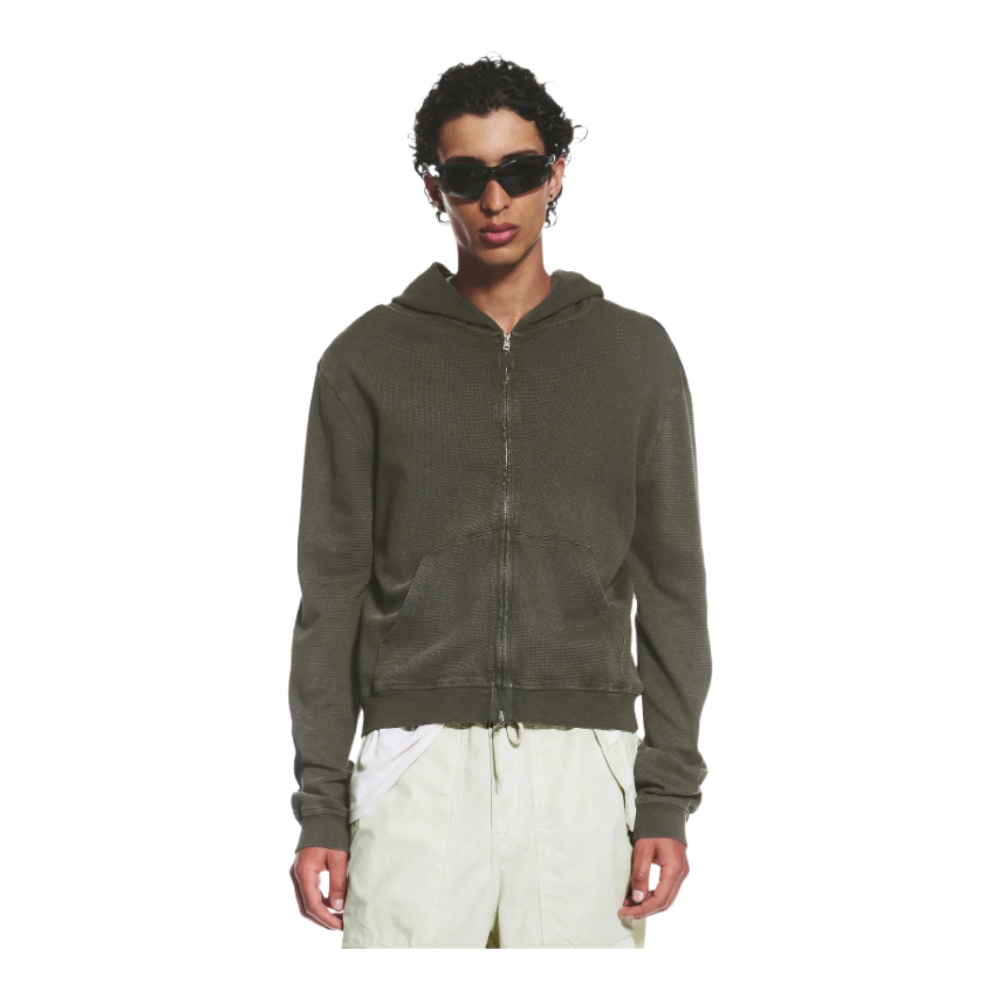 Shrunken Zip Hoodie Dark Khaki Green