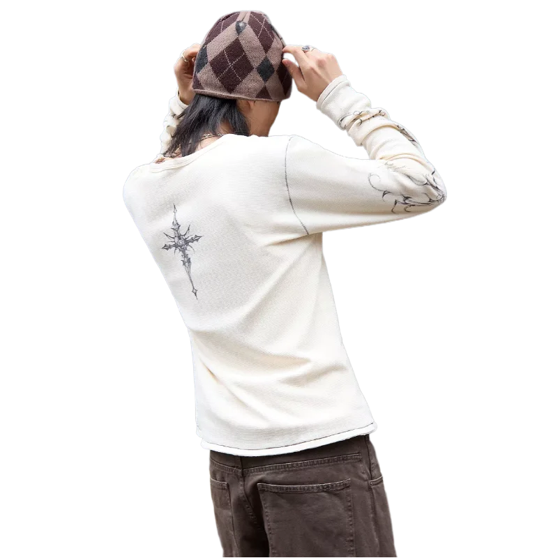 UO Exclusive Ecru Ines Waffle Long Sleeve Top