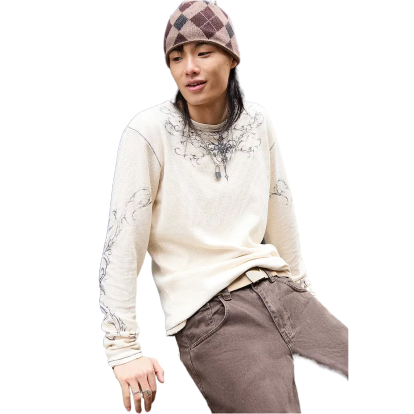 UO Exclusive Ecru Ines Waffle Long Sleeve Top