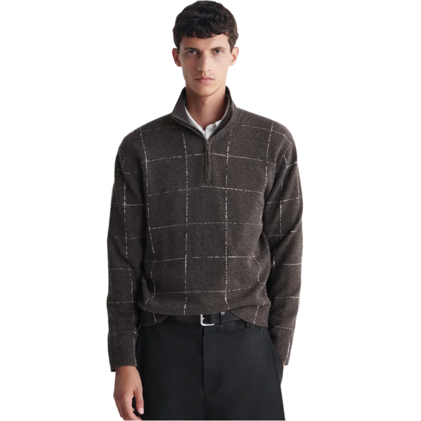 Checked Half-Zip Wool and Cotton Sweater