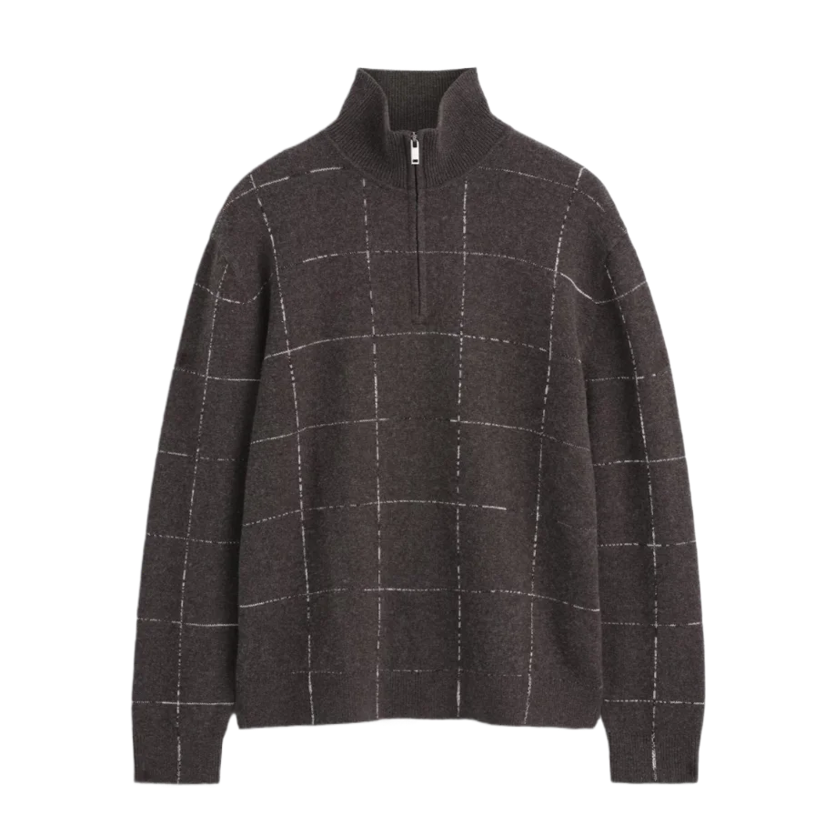 Checked Half-Zip Wool and Cotton Sweater