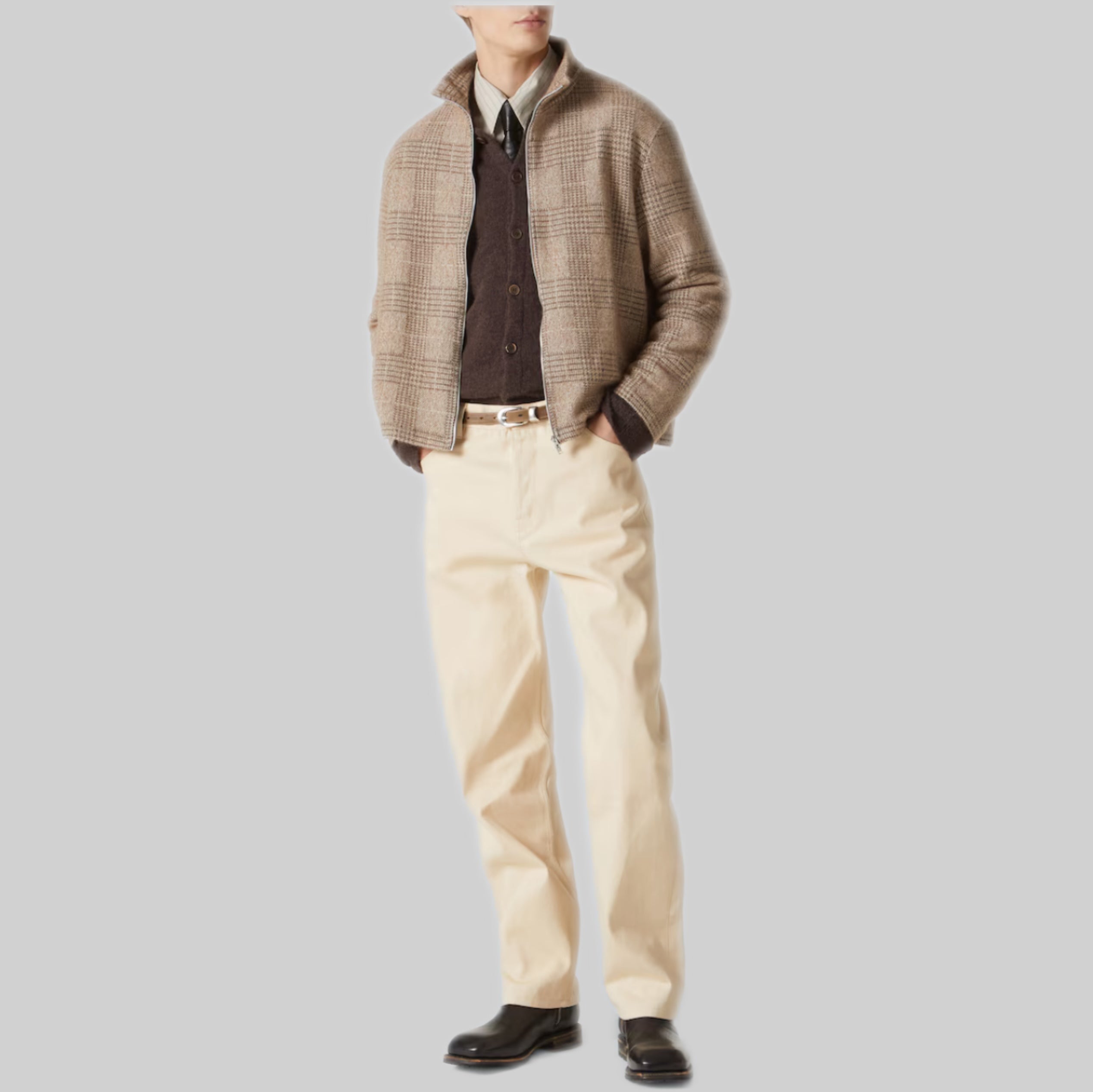 Shrunken Cotton and Wool-Blend Sweater in Beige Hound Check