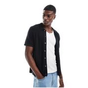 Crochet Button Up Polo Shirt in Black