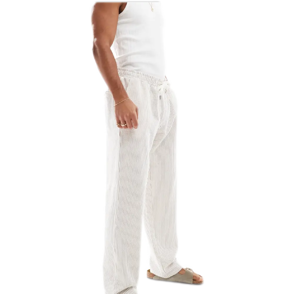 Loose Fit Seersucker Stripe Pants – Beige, Relaxed Fit