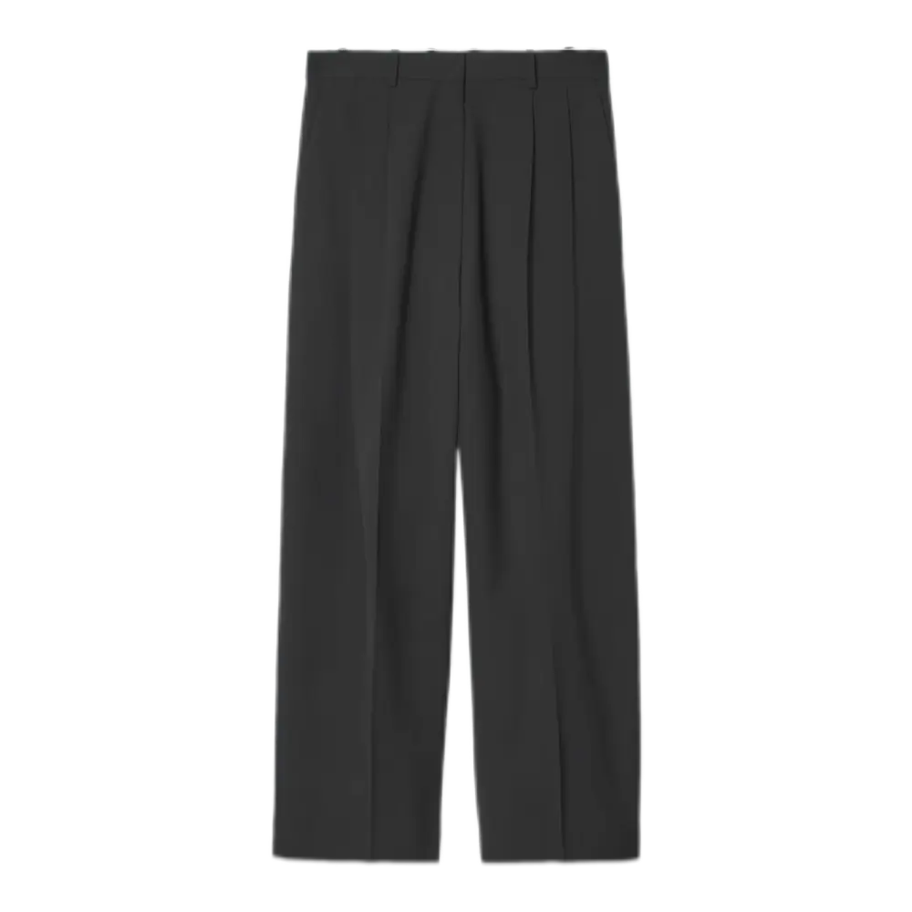 Wide Leg Tailored Twill Trousers - Black