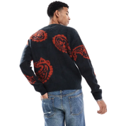 Navy Paisley Knit Jumper with Brushed Finish