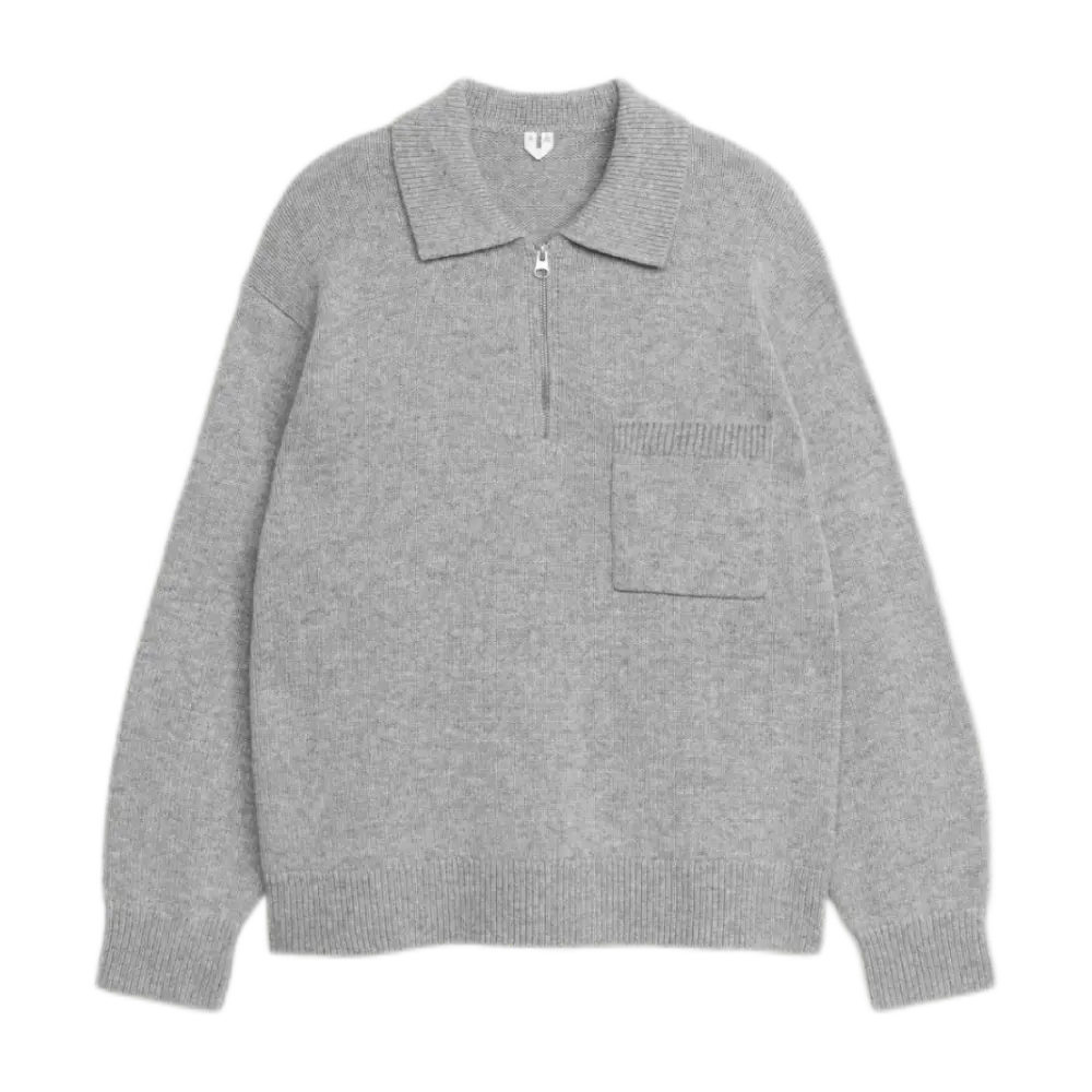 Knitted Wool Zip Polo Shirt - Grey