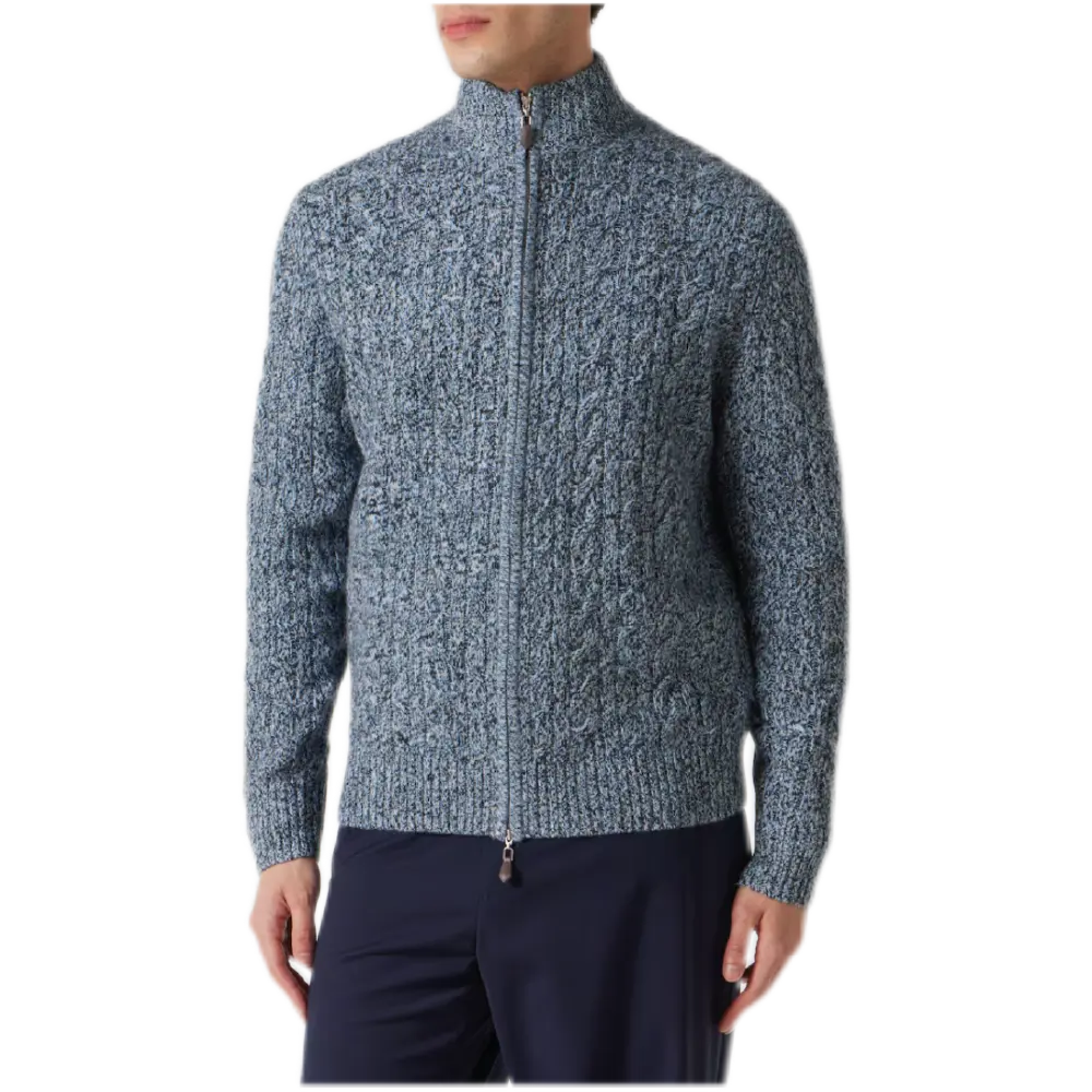 Regent Cashmere Zip-Up Sweater – Cable Knit in Blue