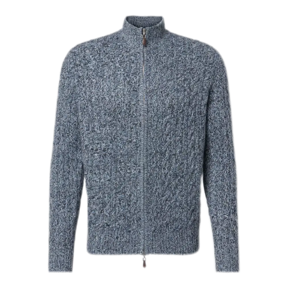 Regent Cashmere Zip-Up Sweater – Cable Knit in Blue